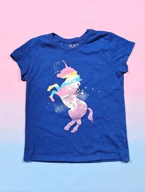 THE CHILDREN'S PLACE Royal Blue Unicorn Tee with Rainbow Mane. Size S 5/6.